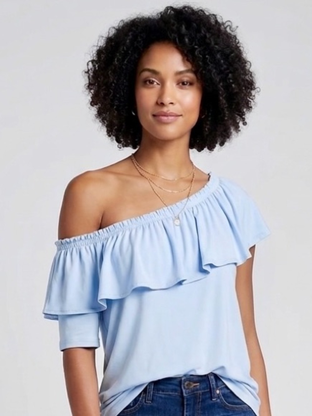 Saks Fifth Avenue Light Blue Chambray Ruffled One-Shoulder Top - NWT- Size S